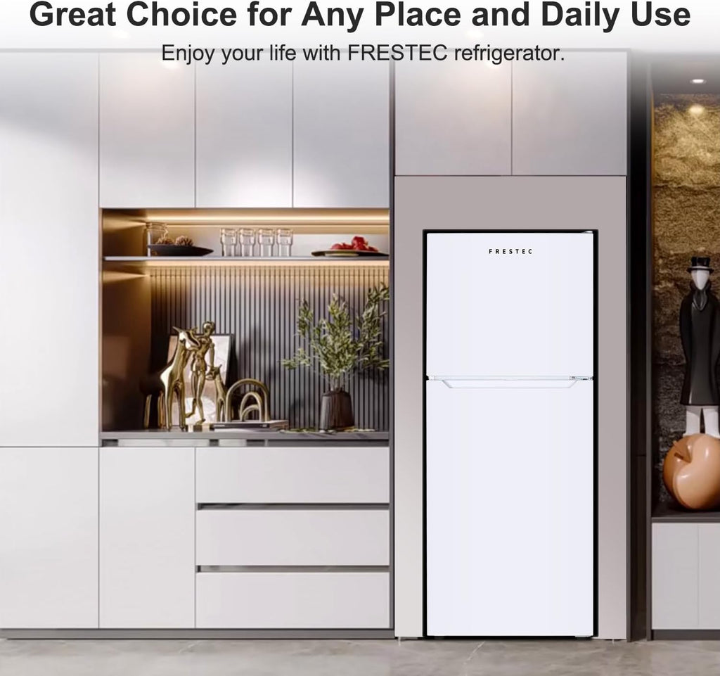 10.0 CU' Refrigerator with Freezer, Apartment Size Refrigerator Top Freezer, 2 Door Fridge with Adjustable Thermostat Control, Freestanding, Door Swing, White (FR 1002 WH)