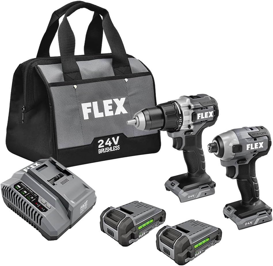 FLEX 24V Brushless Cordless 2-Tool Combo Kit: 1/2-Inch 2-Speed Drill Driver and 1/4-Inch Hex Impact Driver with (2) 2.5Ah Lithium Batteries and 160W Fast Charger - FXM201-2A