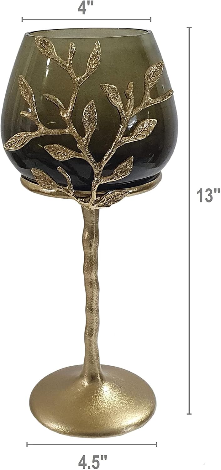 A&B Home Olive Branch Candle Holder - Glass Candle Holder with Gold Metal Base, Decorative Tabletop Lighting, Living Room Coffee Table Accent Piece Dining Table Centerpiece, 6' x 6' x 13'