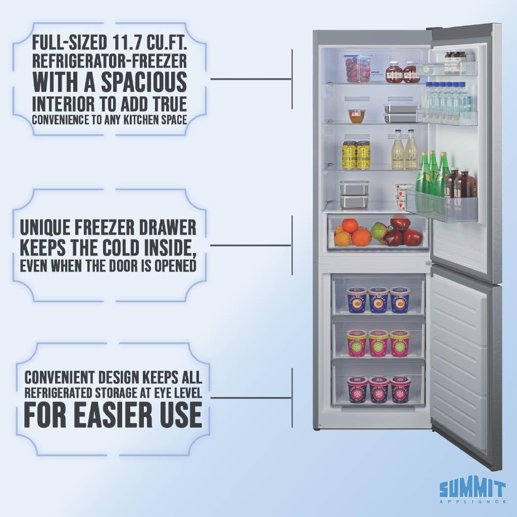 Summit 24' Bottom Freezer Refrigerator, Counter Depth Refrigerator- Freezer, Energy Star, Stainless Steel - FFBF124SS (Right Hand Door)