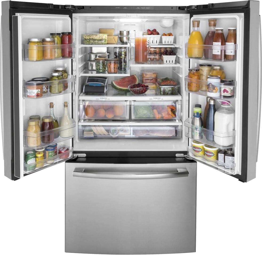 GE GNE27JYMFS 36' French Door Refrigerator with 27 cu. ft. Total Capacity LED Lighting Internal Water Dispenser Spill-Proof Shelves in Fingerprint Resistant Stainless Steel