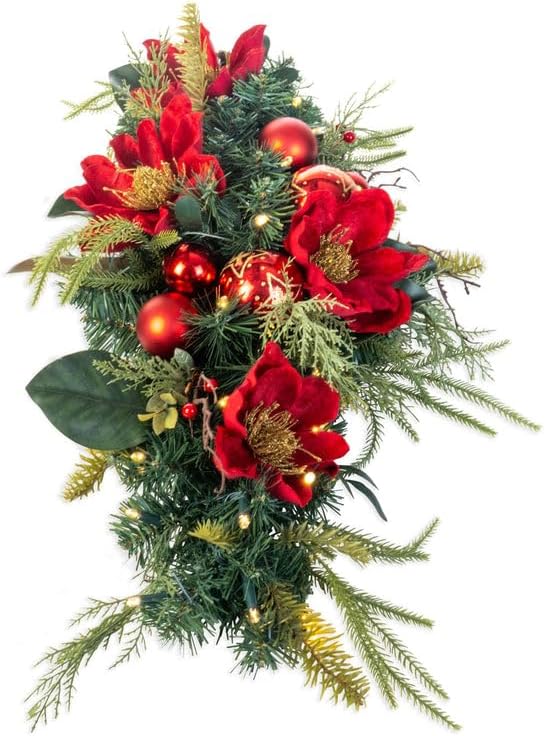 VILLAGE LIGHTING COMPANY Pre-Lit LED Table Top Centerpiece Swag - Golden Leaf Red Magnolia