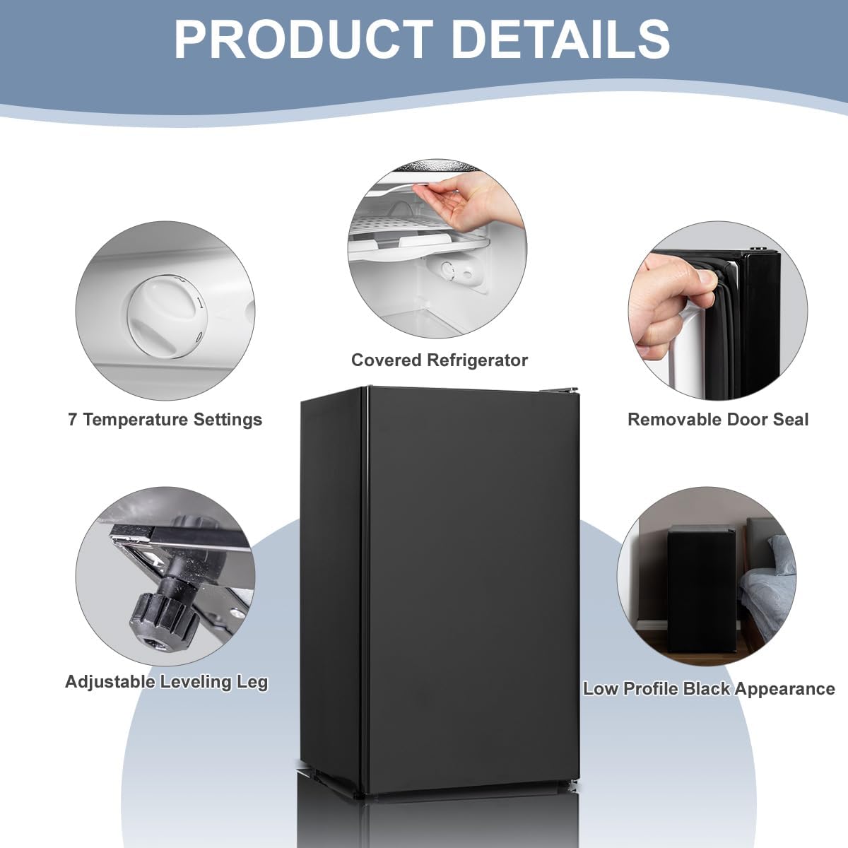 3.2 Cu.Ft Mini Fridge for Bedroom, Small Refrigerator with Single Door & 7 Level Adjustable Thermostat, Mini Fridge for Office, Dorm, Apartment, Black