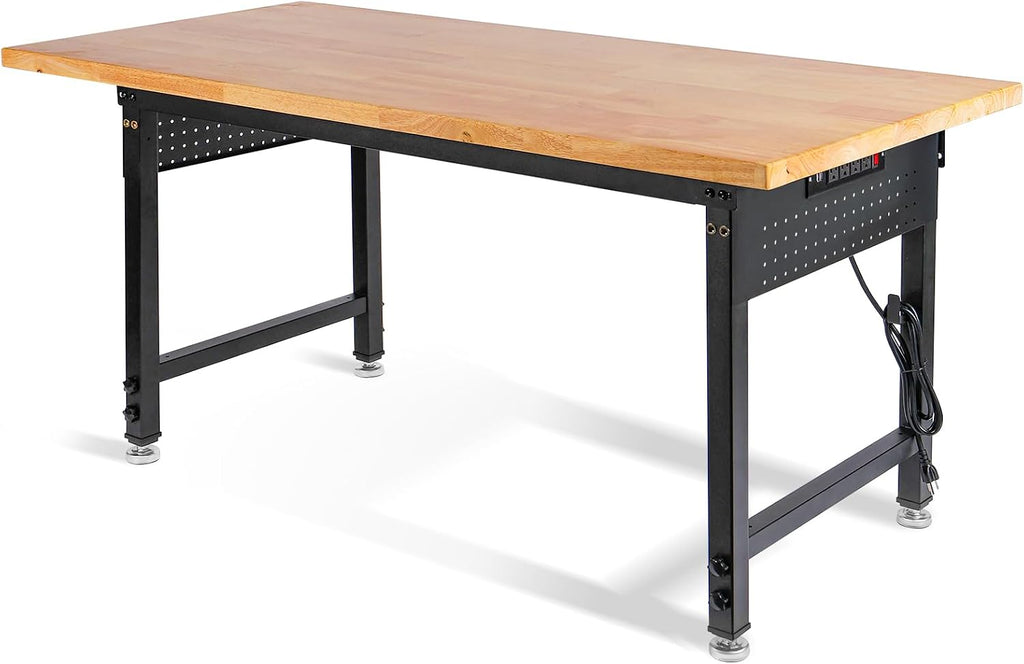 Height Adjustable Workbench 60'×22' Heavy Duty Work Table 2000 LBS Load Capacity Rubber Wood Work Station with Power Outlet & Pegboard for Garage, Office, Workshop, Home, Party Shop