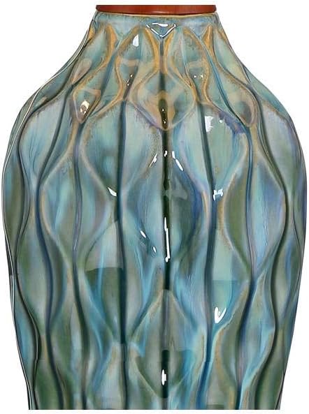 360 Lighting Rocco Mid Century Modern 3-Way Table Lamp with Table Top Dimmer 30' Tall Blue Teal Glaze Ceramic Cherry Wood Linen Fabric Drum Shade for Cottage Core Living Room (Colors May Vary)