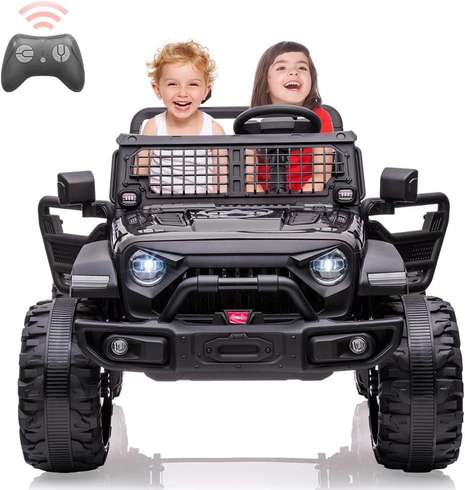 24V 2 Seaters Kids Ride On Truck with Remote Control, 20' Large Seat + 15.5' Wheels, Electric Vehicle Car with LED Light,Large Storage Space, Bottle Holder,Music, Horn,USB for Kids (Black)
