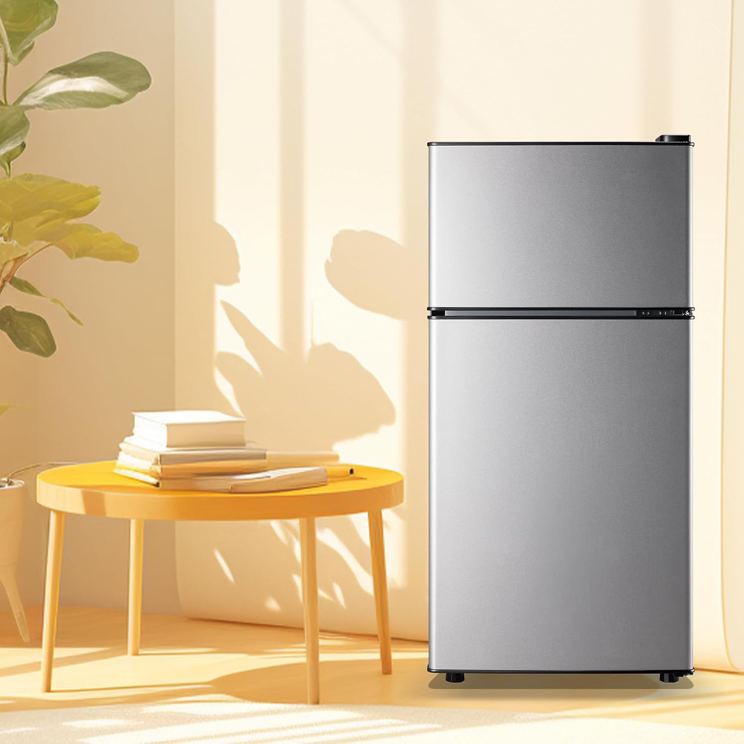 DEMULLER Retro Mini Fridge with Freezer Dual Door Apartment Size Small Refrigerator with Egg Tray, Dorm Mini Fridge with Removable Plastic Shelves, 2.4Cu.ft, 14.96' D x 14.57' W x 30.8' H, Silver