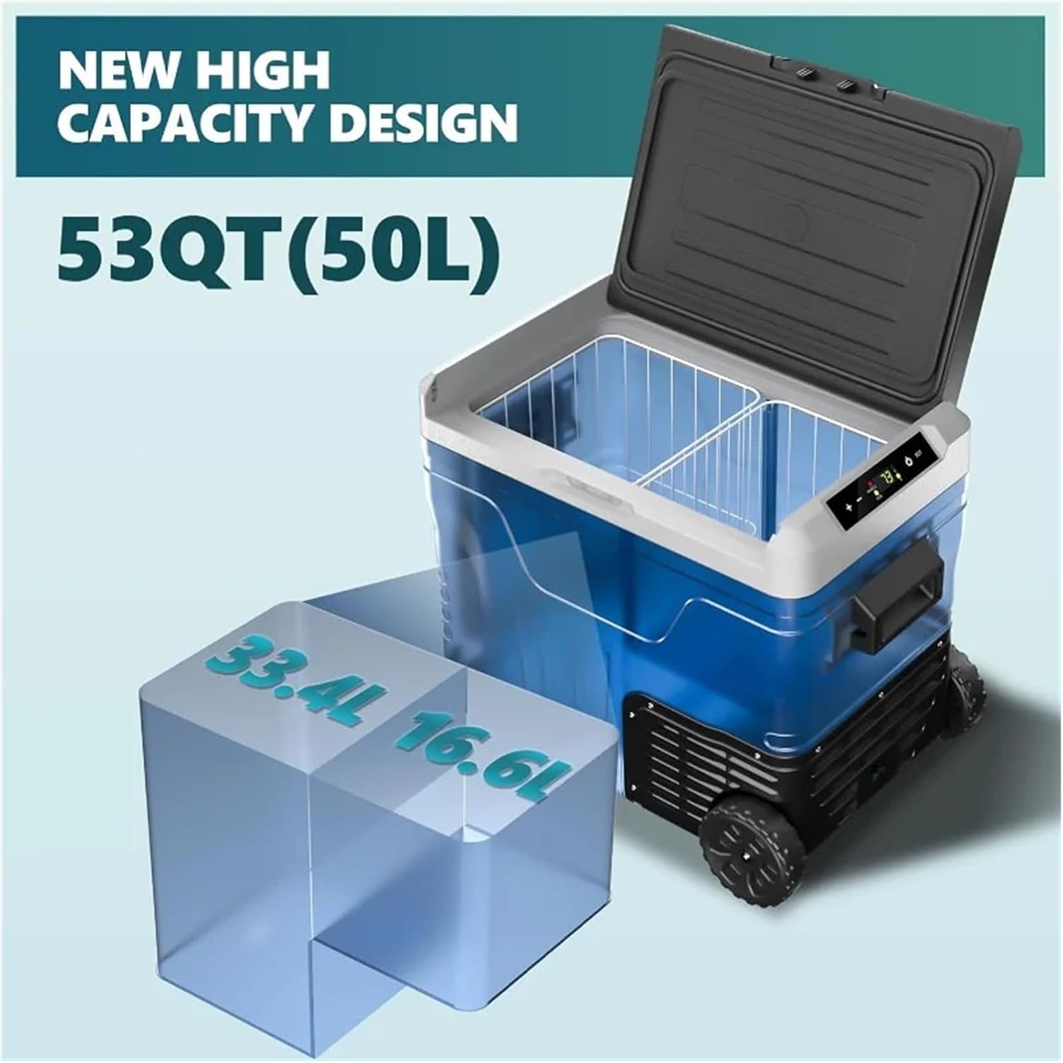 12 Volt Refrigerator, 53QT(50L) Electric Cooler, Portable Freezer 12V/24V DC 110-240V AC, 12V Fridge -4℉~68℉, 12V Cooler
