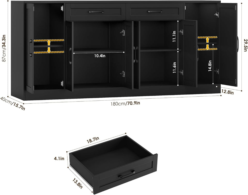 BOTLOG 71' Large Buffet Cabinet with Storage, Sideboard Buffet Cabinet with Adjustable Shelves and 6 Soft-Close Doors, Wood Coffee Bar Console Table for Kitchen, Dining Room, Black