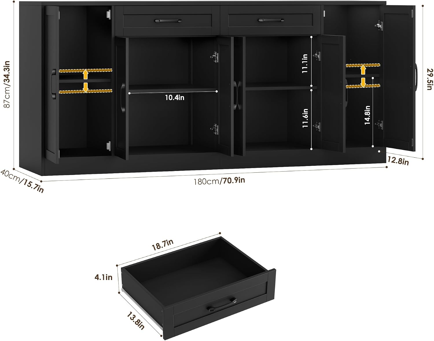 BOTLOG 71' Large Buffet Cabinet with Storage, Sideboard Buffet Cabinet with Adjustable Shelves and 6 Soft-Close Doors, Wood Coffee Bar Console Table for Kitchen, Dining Room, Black