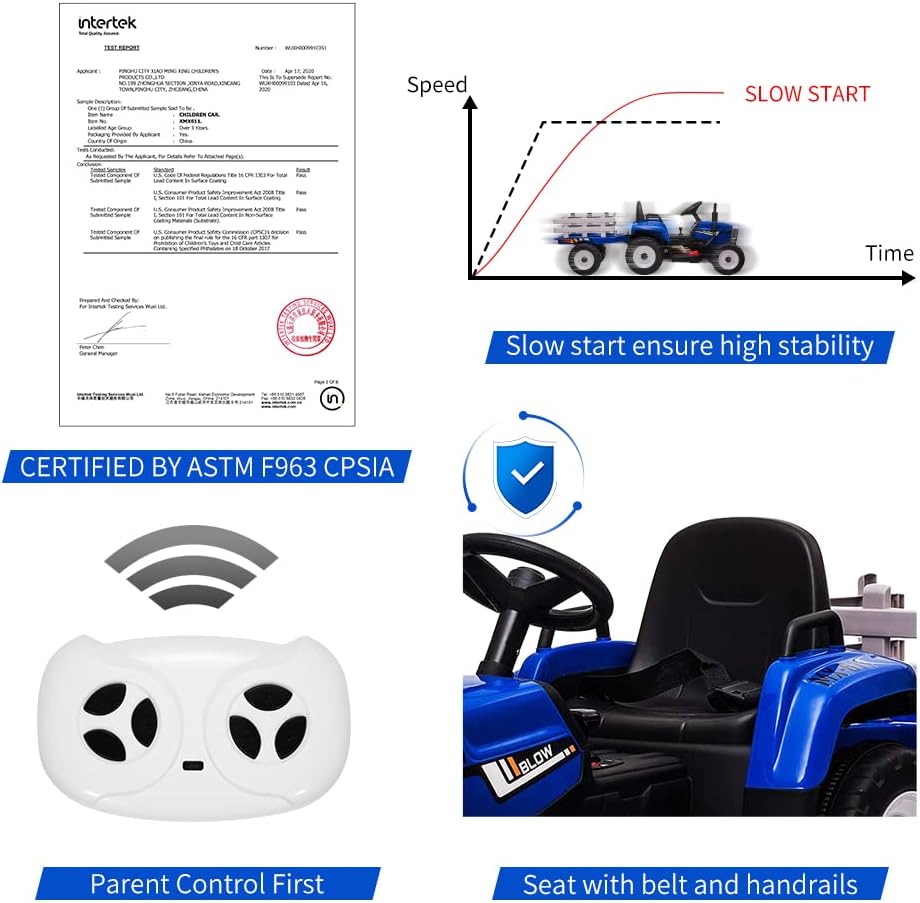 12V Kids Ride On Tractor with Trailer & Remote Control, Toddler Battery Powered Electric Car Slow Start 7LED Headlights USB Music Player 2+1 Gear Shift, Blue, 25W/Treaded Tires