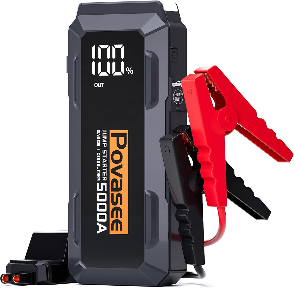 5000A Jump Starter | Povasee A40 Car Battery Jump Starter, 12V Portable Power Pack for All Gas & 10L Diesel Engines, with 3' LCD Display, Dual USB Output & Multi-Mode LED Light
