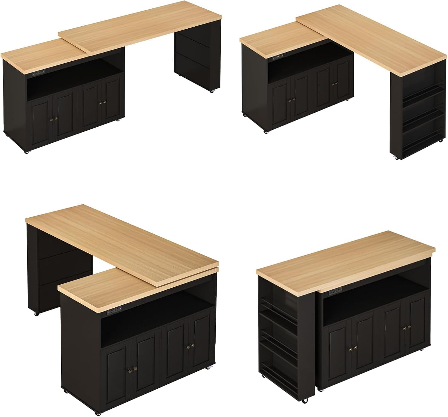 84' Kitchen Island with Swivel Table, Mobile Kitchen Island on Wheels with Storage Cabinet and LED Light, Rolling Kitchen Island with Power Outlet, Spice Rack, Black
