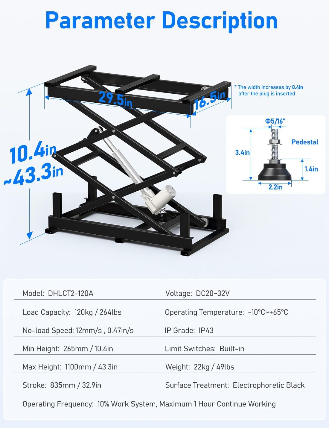 DIHOOL Electric Scissor Lift Table, 265Lbs Load, 10.43'-43.31' Height Adjustable Lifting Platform, Super Quiet with Remote & WiFi Control, Obstruction Detection, AC/DC Power for Home/Industrial Use