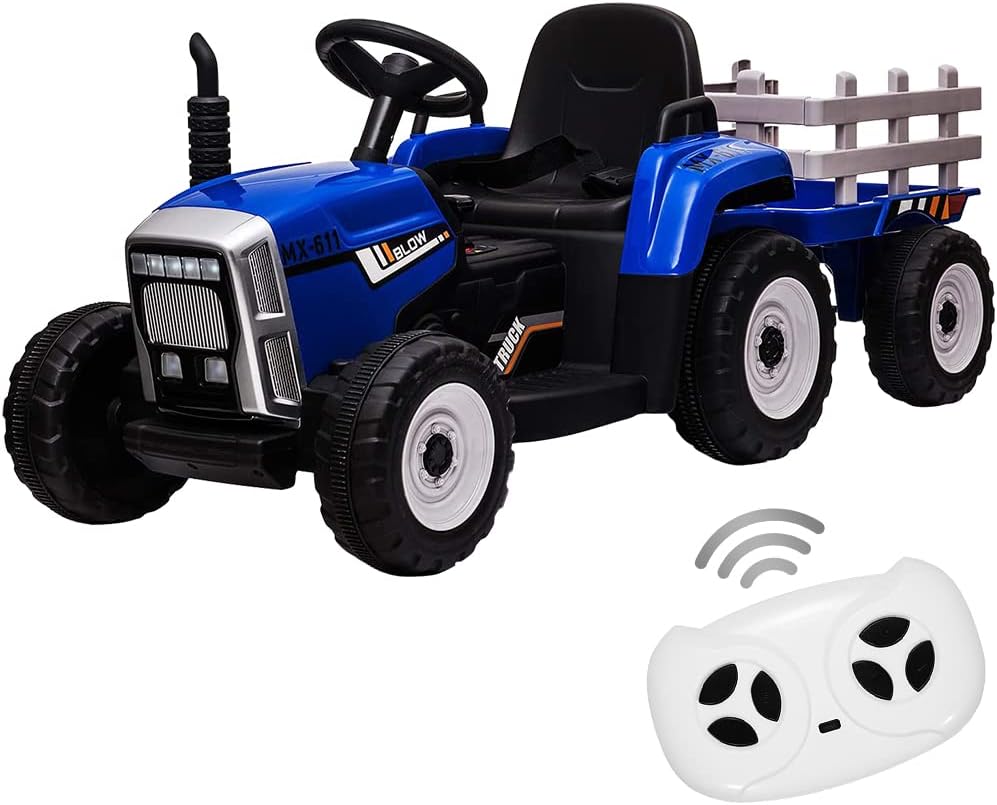12V Kids Ride On Tractor with Trailer & Remote Control, Toddler Battery Powered Electric Car Slow Start 7LED Headlights USB Music Player 2+1 Gear Shift, Blue, 25W/Treaded Tires