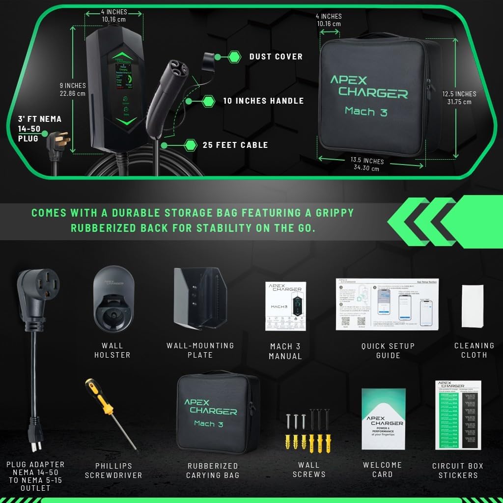 MACH 3 Fast 40 Amp Level 1&2 Portable EV Charger, NACS Connector Electric Vehicle Charging Station, 120-240V NEMA 14-50 w/ 5-15 Adapter. Outdoor EVSE, 25ft Cable with Holder