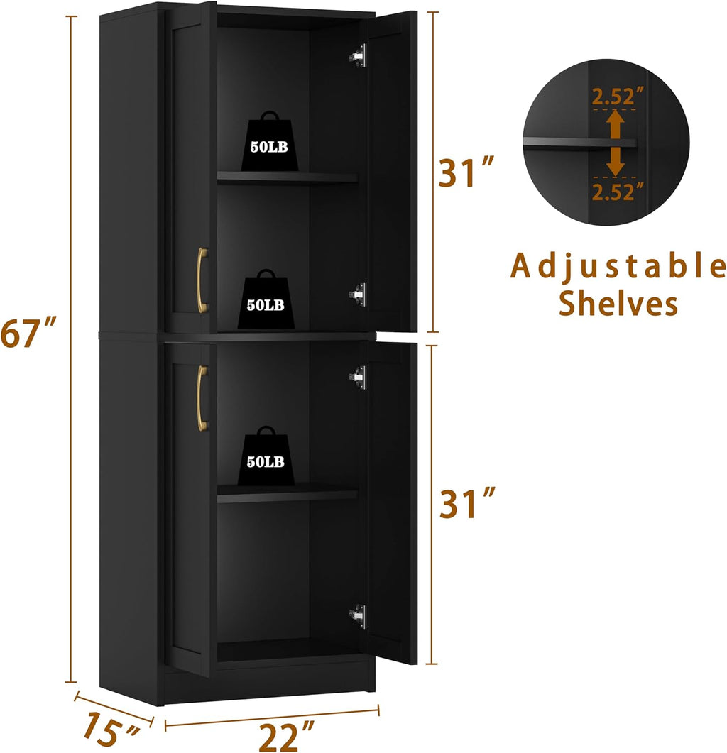 Storage Cabinet - Pantry Organizers and Storage with 4 Doors and Adjustable Shelves, Tall Bathroom Cabinet Freestanding Narrow Kitchen Cupboard for Dining Room Living Room, Laundry, Black