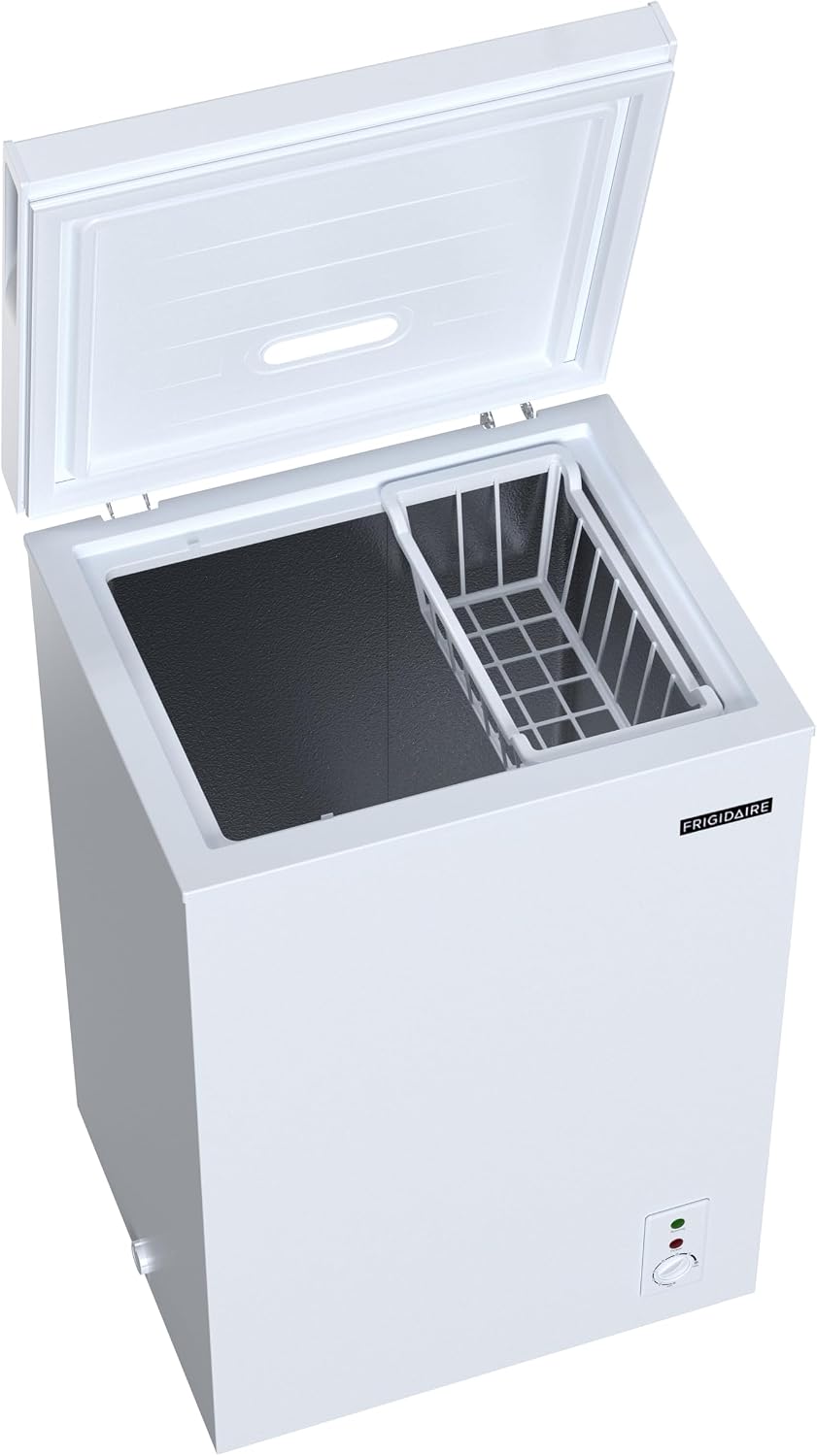 FRIGIDAIRE EFRF3005-AMZ Chest Deep Freezer-Garage-Ready, 3.5 Cu. Ft. Capacity, White-Adjustable Thermostat-Removable Vinyl Coated Wire Basket-Easy Defrost Drain