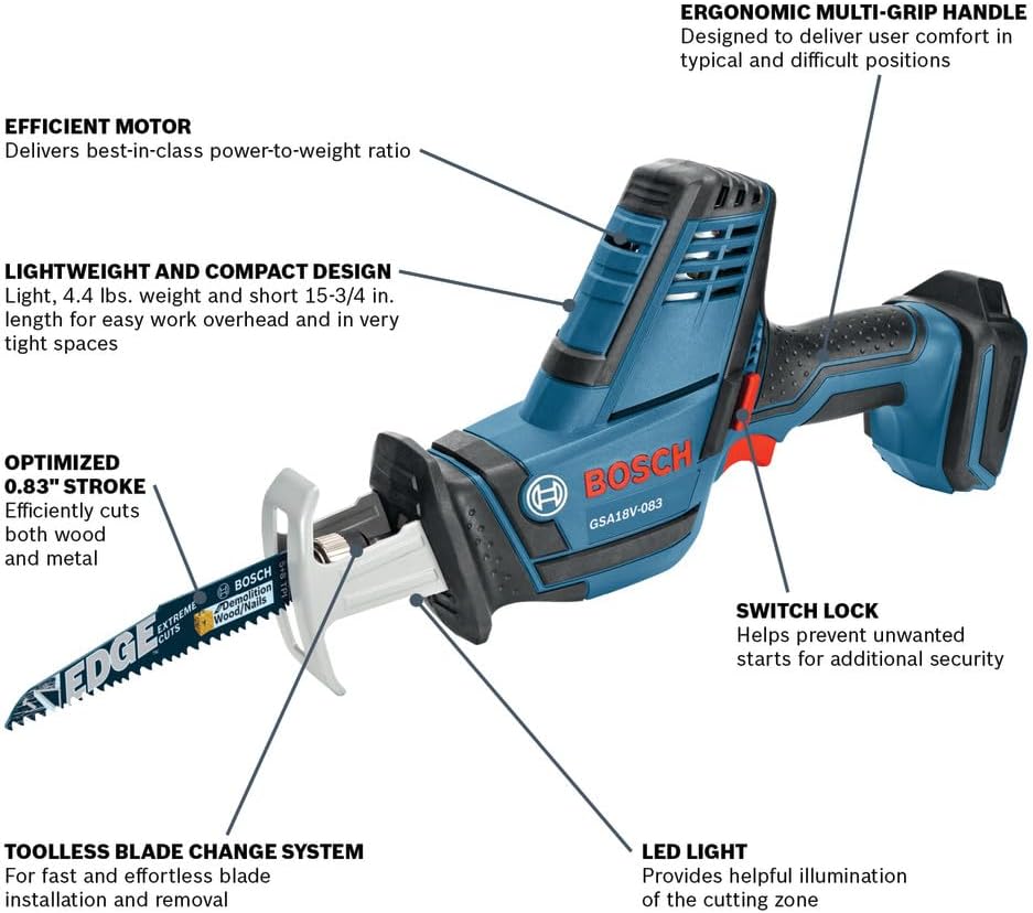 BOSCH GSA18V-083B 18V Cordless Reciprocating Saw - Lightweight & Compact, 0.83' Stroke, 3,050 SPM, Variable-Speed Trigger, Toolless Blade Change, LED Light (Bare Tool)