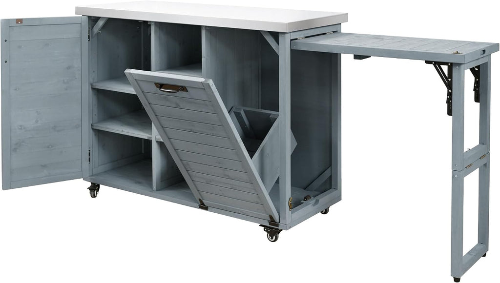 LUMISOL Outdoor Grill Cart with Stainless Steel Top, Movable Outdoor Kitchen Island with Foldable Grill Table, Rolling Kitchen Cart with Trash Can Storage, Outdoor Prep Table for Parties, Grey Blue