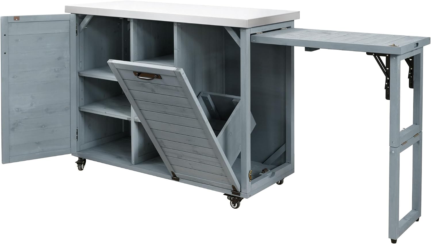 LUMISOL Outdoor Grill Cart with Stainless Steel Top, Movable Outdoor Kitchen Island with Foldable Grill Table, Rolling Kitchen Cart with Trash Can Storage, Outdoor Prep Table for Parties, Grey Blue