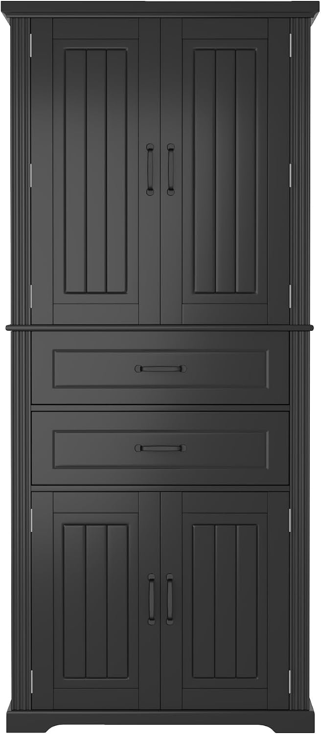Storage Cabinet with 4 Doors and Drawers, 72.5' H Kitchen Cabinet with 6 Door Shelves, Kitchen Storage Cabinets with Adjustable Shelves for Living Room, Black