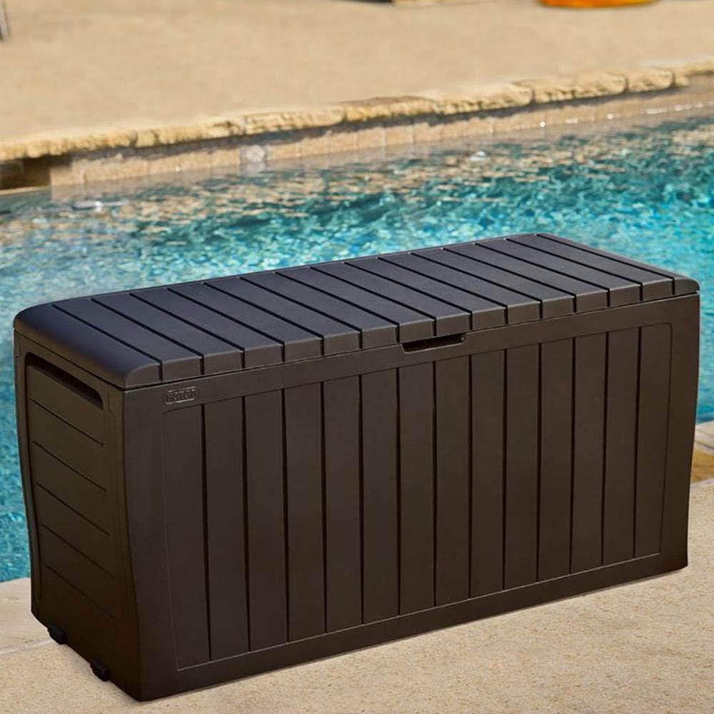 Greesum 3 Pieces Patio Furniture PE Rattan Wicker Chair Conversation Set, Brown and Beige & Keter Marvel Plus 71 Gallon Resin Deck Box-Organization and Storage