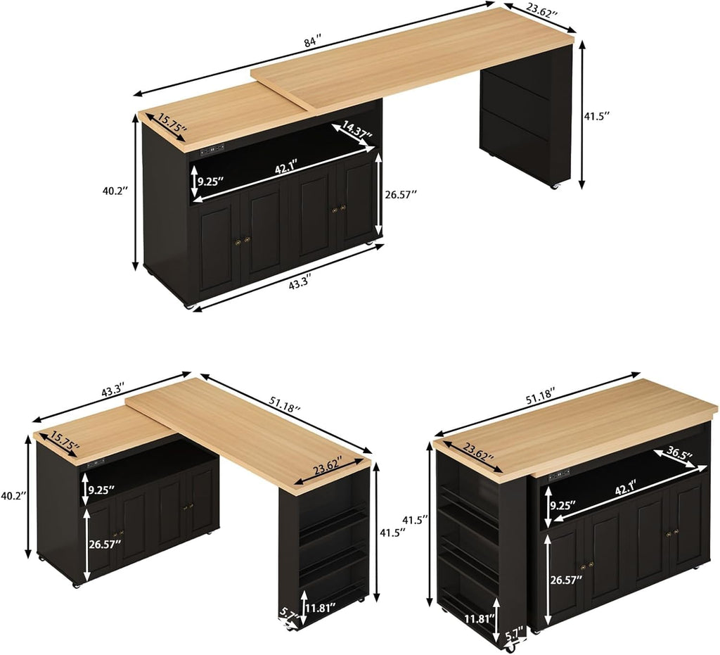 84' Kitchen Island with Swivel Table, Mobile Kitchen Island on Wheels with Storage Cabinet and LED Light, Rolling Kitchen Island with Power Outlet, Spice Rack, Black