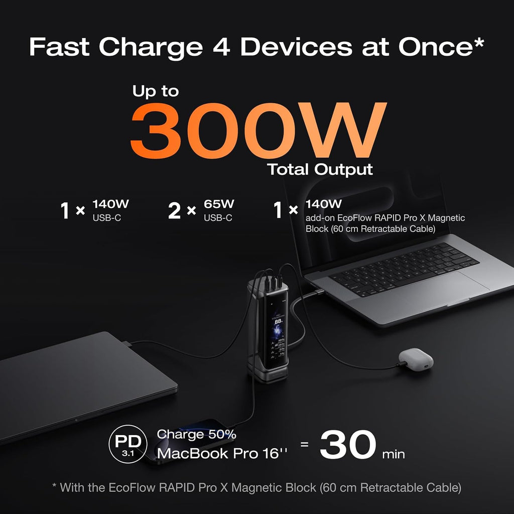 EF ECOFLOW Rapid Pro X Power Bank, 27650mAh 4-Part with 300W Output, Portable Charger with 140W Built-in Cable, for MacBook, iPhone, Laptops, and More