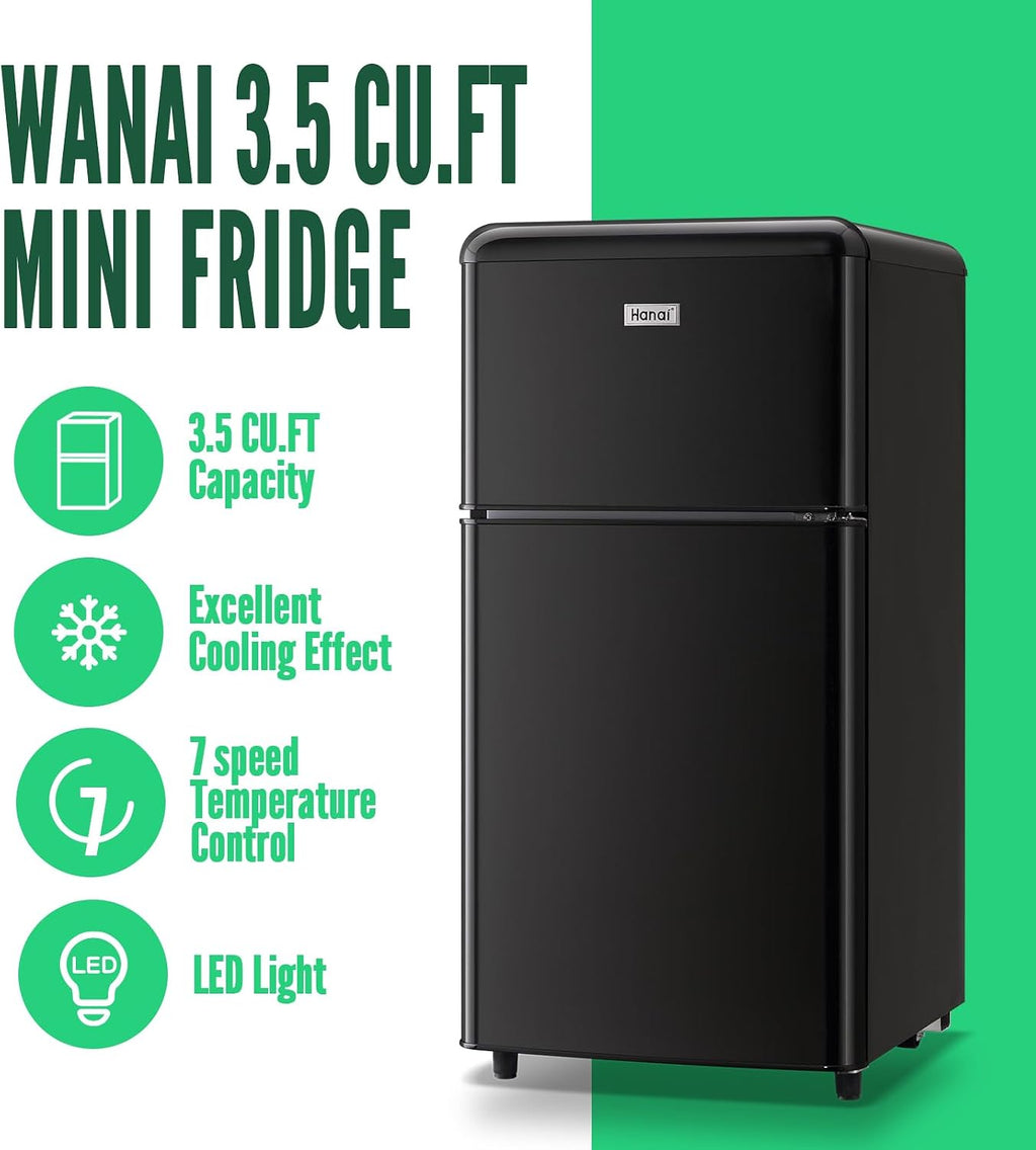 WANAI Retro Mini Fridge with Top Freezer 3.5 Cu.Ft Compact Refrigerator with Seven Adjustable Thermostat Two Door Small Fridge with Removable Glass Shelves for Kitchen Dorm Office Apt Black