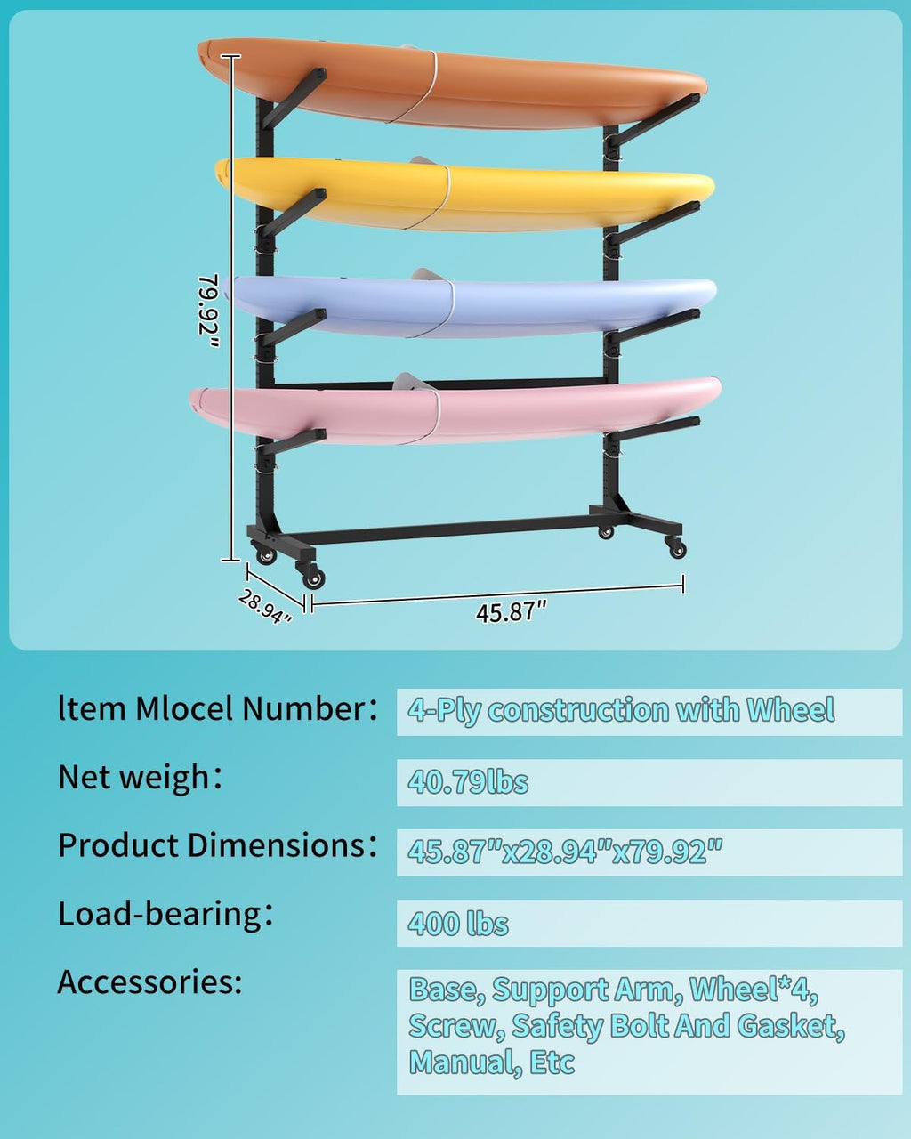 Kayak Rack, Heavy Duty Freestanding Kayak Storage Rack with Movable Wheels, Adjustable Rust-Proof Outdoor Kayak Rack for Holds Kayaks, Canoes, SUPs & Paddleboards.