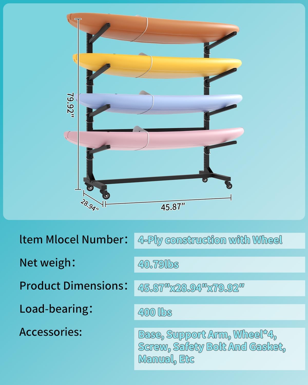 Kayak Rack, Heavy Duty Freestanding Kayak Storage Rack with Movable Wheels, Adjustable Rust-Proof Outdoor Kayak Rack for Holds Kayaks, Canoes, SUPs & Paddleboards.