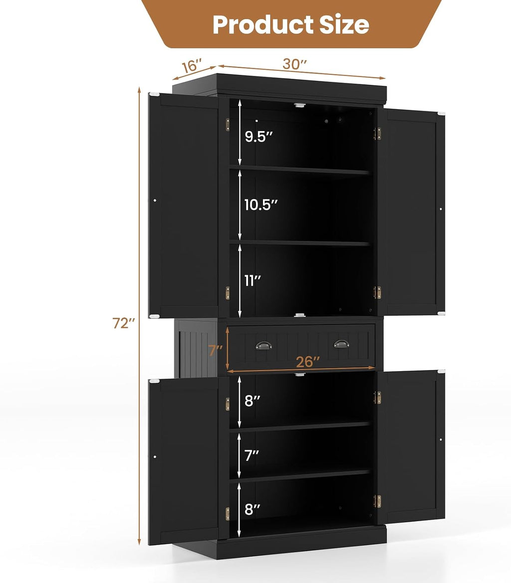 Giantex Pantry Organizers and Storage, 72' Tall Kitchen Cabinet with 2-Door Cabinets & Drawer, Buffet Sideboard w/Adjustable Shelves, Wooden Freestanding Cupboard for Dining Room Living Room (Black)