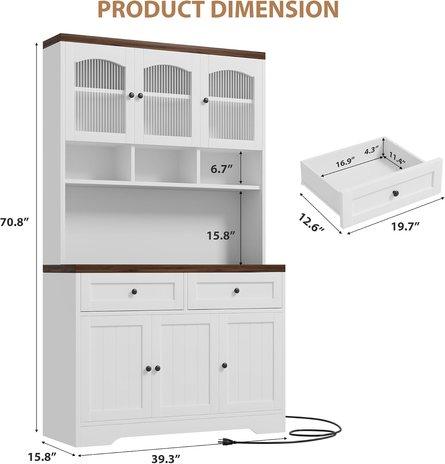 GarveeHome Pantry Cabinet with Charging Station, Tall Kitchen Pantry Storage Cabinet with Hutch,70.8 Inch Kitchen Cabinet with 30mm Thickened Countertop, Fluted Glass Doors, for Dining Room, White