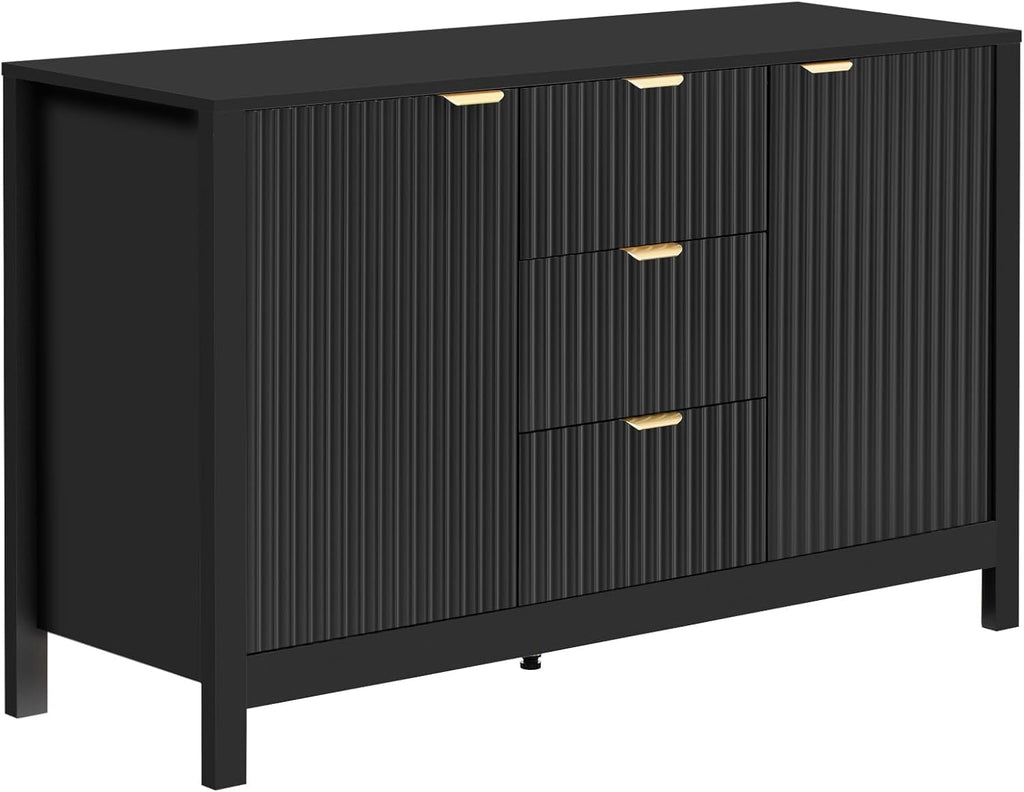 Virubi 47' Fluted Sideboard Buffet Cabinet with Storage Drawers,Doors,Adjustable Shelves and Gold Handles, Wood Modern Sideboard Accent Cabinet for Living Room,Hallway,Entryway (Black)
