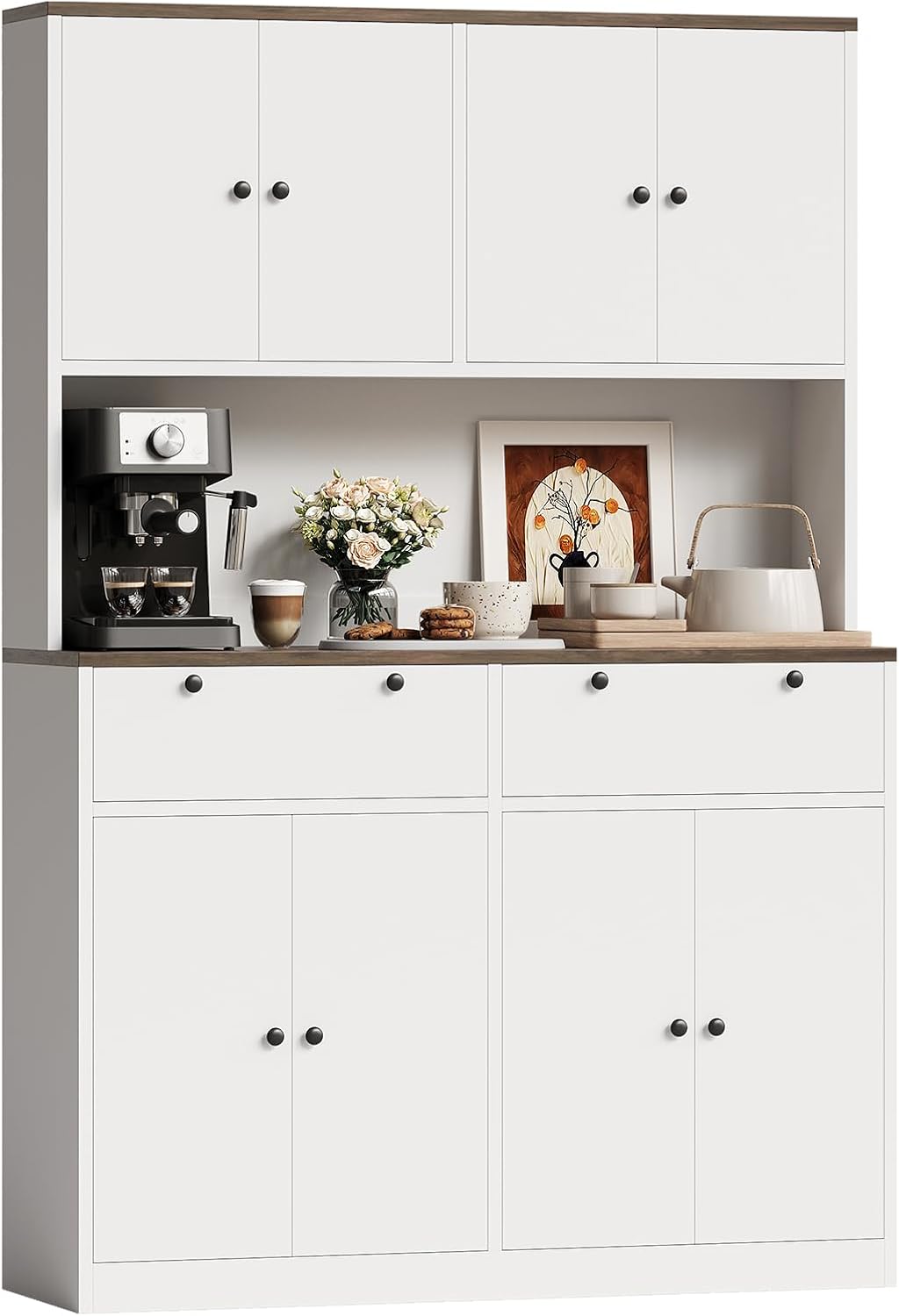 Garvee 71' Tall Kitchen Pantry Storage Cabinet with Charging Station, Food Hutch with Drawers, Doors, Shelves, and Countertop for Dining Room