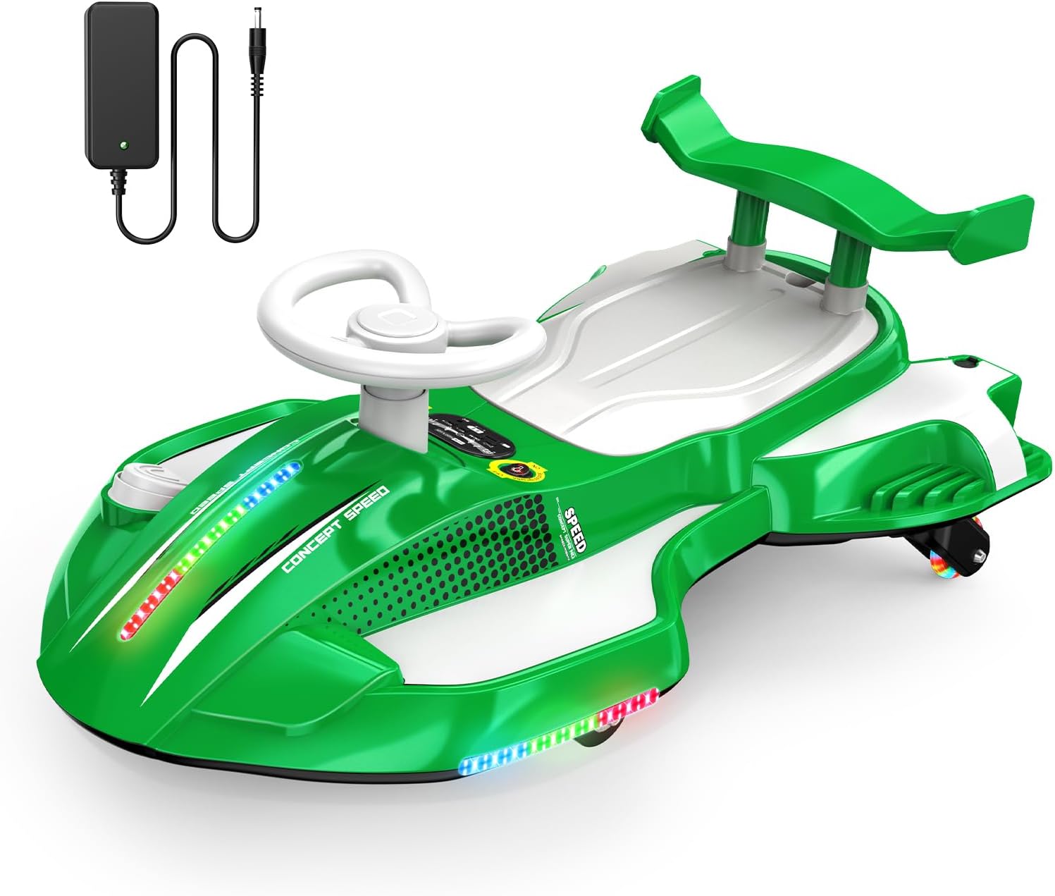 12V Electric Wiggle Car Ultra with Pedals, Rechargeable Swing & Drift Car, Anti-Rollover Design with Backrest, Spray, Flashing Lights, Music & Bluetooth, for Ages 3 and Up, 150 lbs(Green+White)