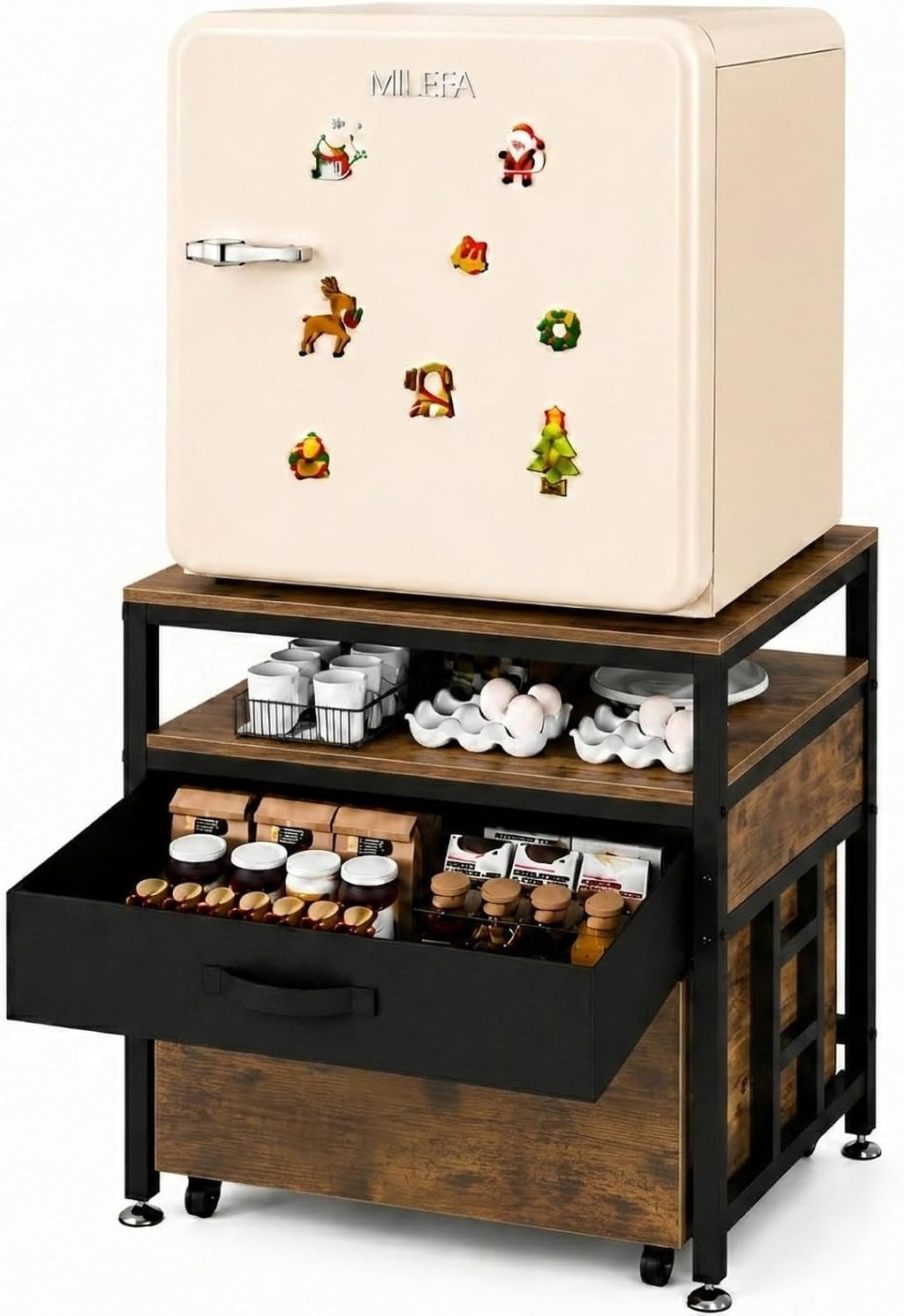 Mini Fridge Stand with Storage Drawer for Dorm Room, 220 lb Heavy Duty Refrigerator Stand with Power Outlet and Pull-Out Basket, Small Fridge Table for Apartment, office, Kitchen, Retro Brown