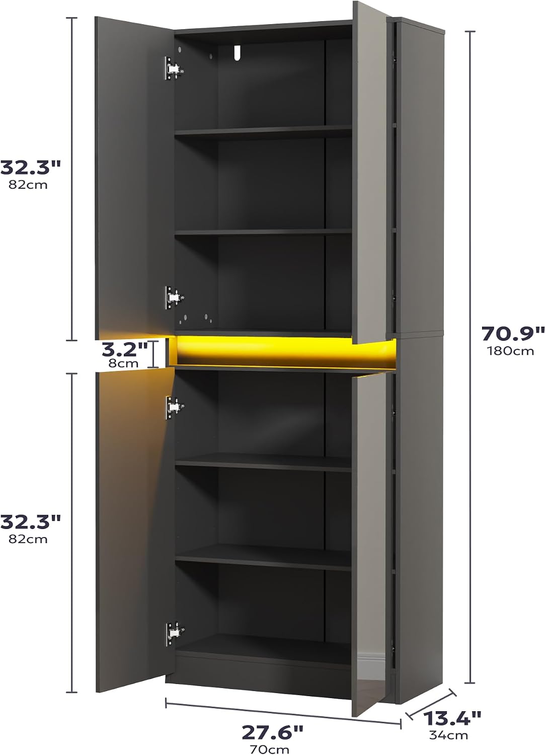 Furnify 71' Tall Pantry Storage Cabinet, Kitchen Pantry with High Gloss Doors, Modern Buffet Hutch Cabinet with Led Light and Adjustable Shelves for Dining Room, Living Room, Grey