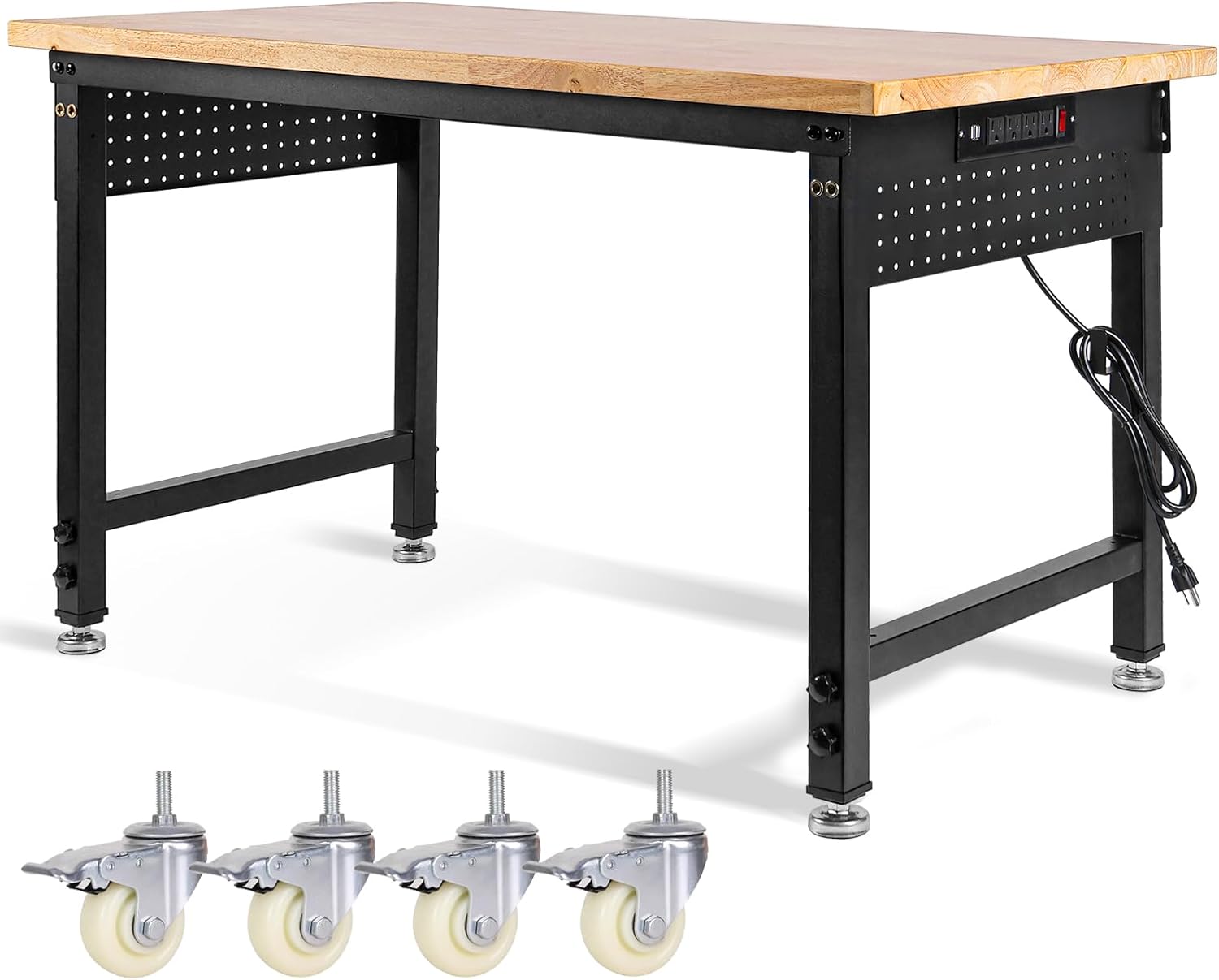 48' L×24'W Adjustable Workbench with Wheels, 28'-40'Height Heavy Duty Table 2000 LBS Load Capacity, Work Bench with Power Outlet & Pegboard, Rubber Wood Work Table for Garage, Office, Workshop