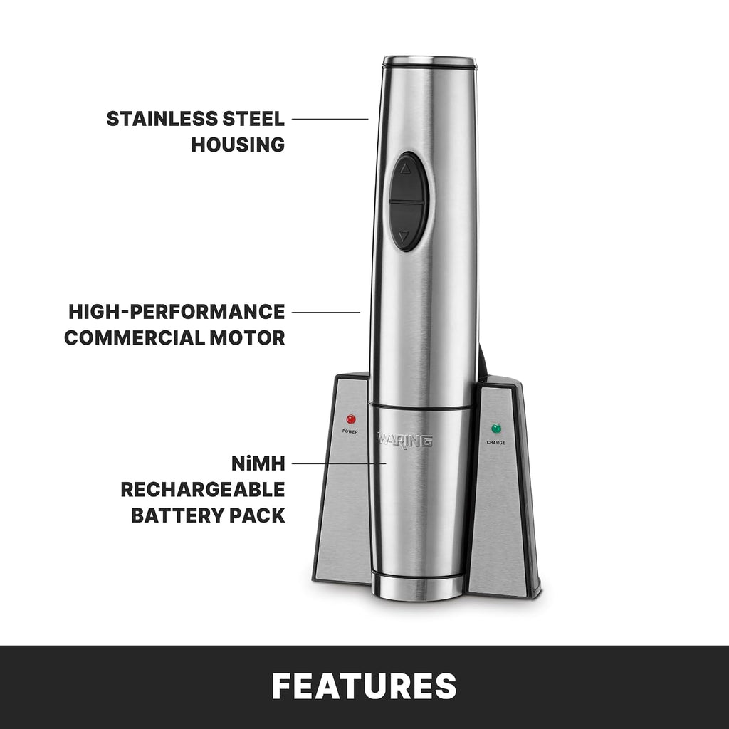 Waring Commercial Portable Electric Wine Bottle Opener, Rechargeable with Charging Base, 120 Cork Capacity, for Bars & Restaurants, WWO120
