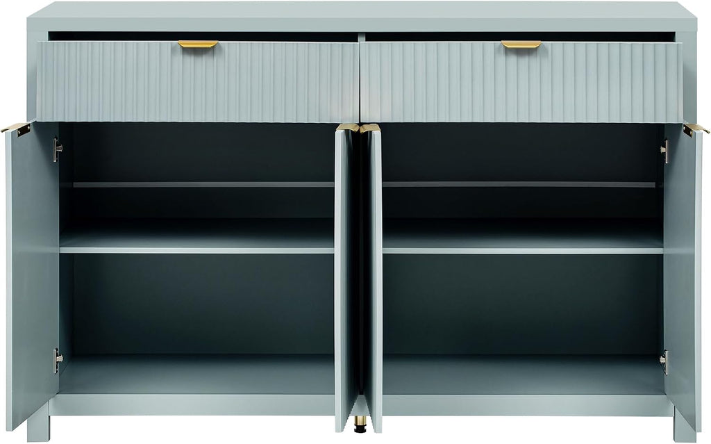 Virubi 55' Fluted Sideboard Buffet Cabinet with Storage Drawers,Doors,Adjustable Shelves and Gold Handles,Wood Modern Sideboard Accent Cabinet for Living Room,Hallway,Entryway (Cyan Green)