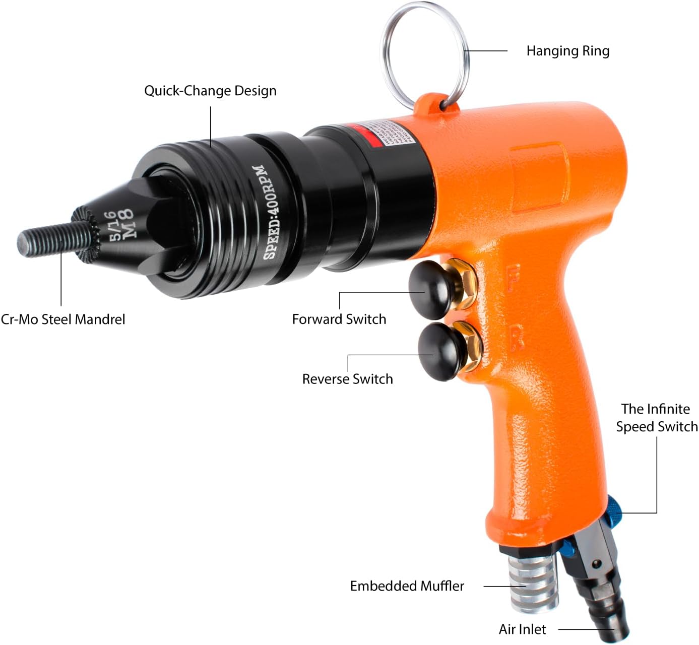 Metric Pneumatic Rivet Nut Tool Kit, Air Rivnut Gun with M6, M8 & M10 Mandrels