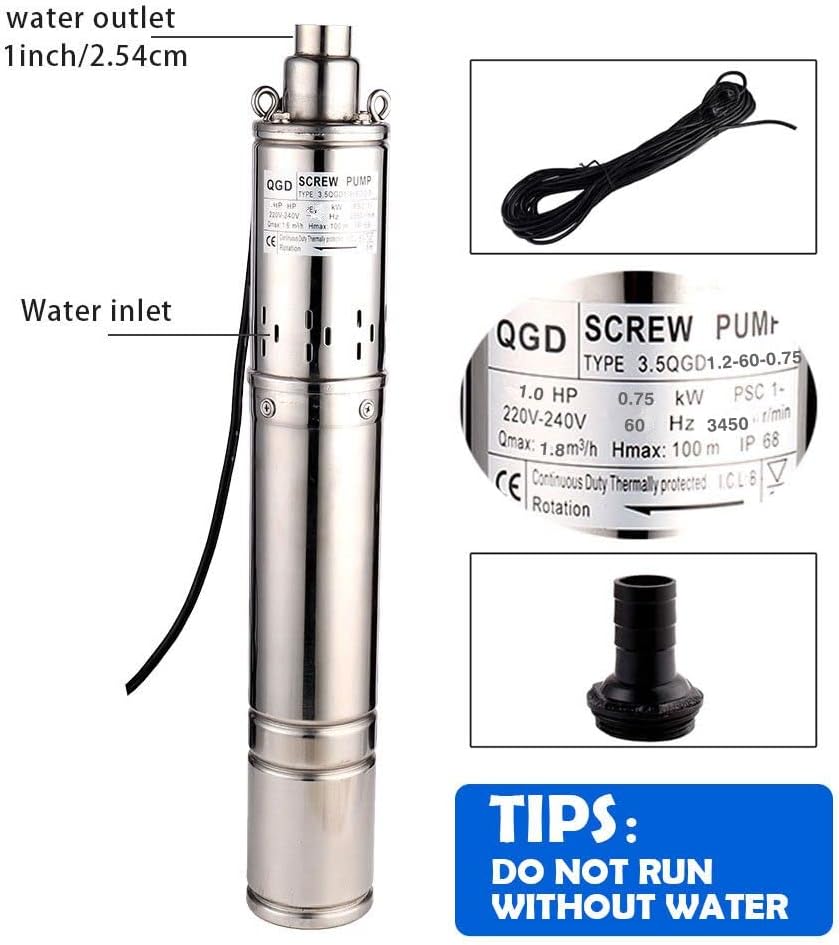 3.5 Inch Tube Stainless Steel Deep Well Pump 1HP Submersible Screw Well Pump 220-240V/60Hz Well Water Pump Max.Head 100m/328ft Flow 8GPM 90mm Well Pump for Home and Industrial Garden Agricultural