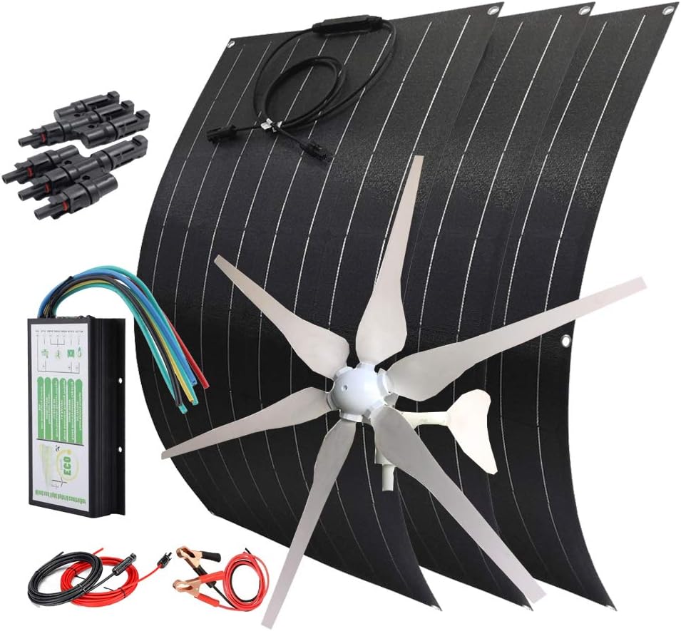 100W Flexible Solar Panels Portable (Bump Surface) *3pcs + 400W 12V Wind Turbine Generator + Hybrid Charge Controller + Extension Cable (700W Solar Wind Kit)