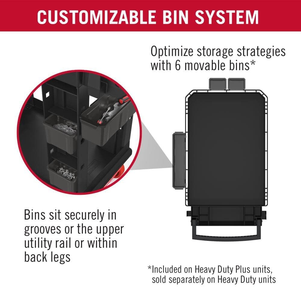 Suncast Commercial Heavy Duty Plus Utility Cart with Polyurethane Coated Wheels, Adjustable Caster System, Customizable Bin Storage, 6 Customizable Bins, 500 Pounds Load Capacity, Black