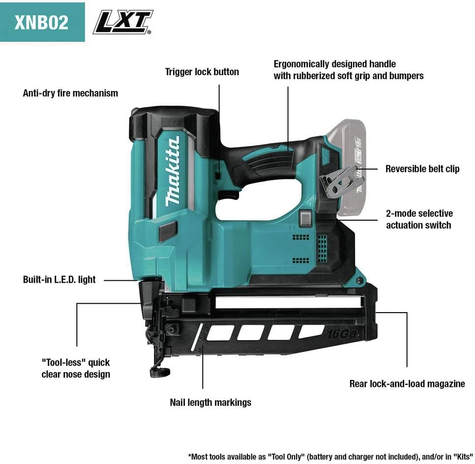 Makita XNB02Z 18V LXT Straight Finish Nailer, 16 Gauge, 2-1/2'
