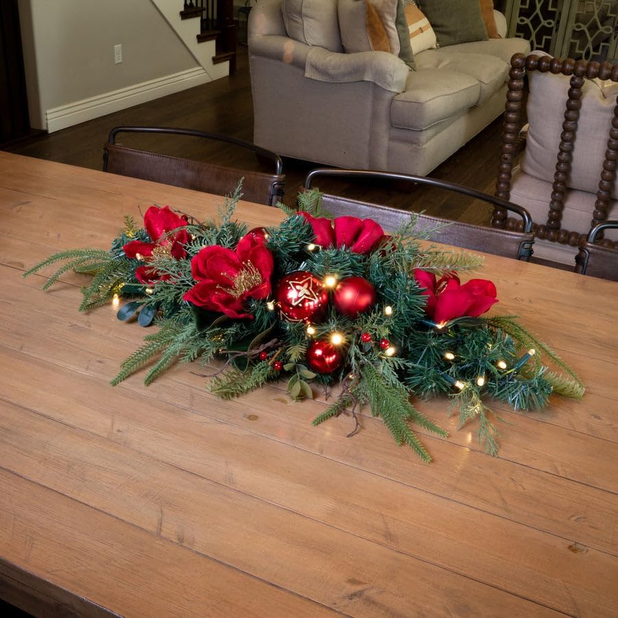 VILLAGE LIGHTING COMPANY Pre-Lit LED Table Top Centerpiece Swag - Golden Leaf Red Magnolia