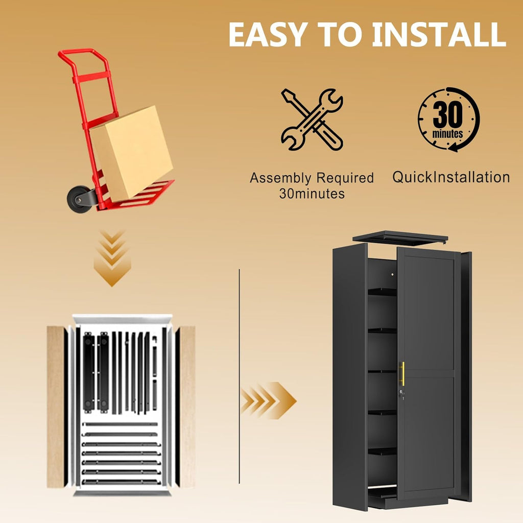 Tall Narrow Slim Metal Storage Cabinet with Lock and 5 Adjustable Shelves,Steel File Cabinets,Kitchen Pantry Cabinet Locker Organizer - 67' Storage Cabinets for Bathroom,Bedroom,Office,Black