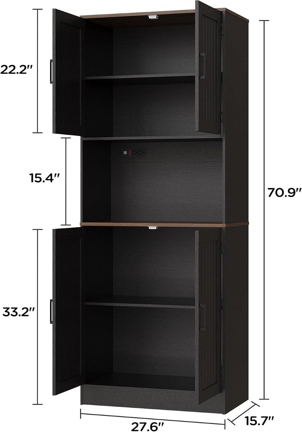 MHOM 71' Tall Pantry Cabinet with Charging Station, Farmhouse Kitchen Hutch with Adjustable Shelves, Modern Kitchen Pantry Storage Cabinet for Dinning Room & Living Room, Antique Black